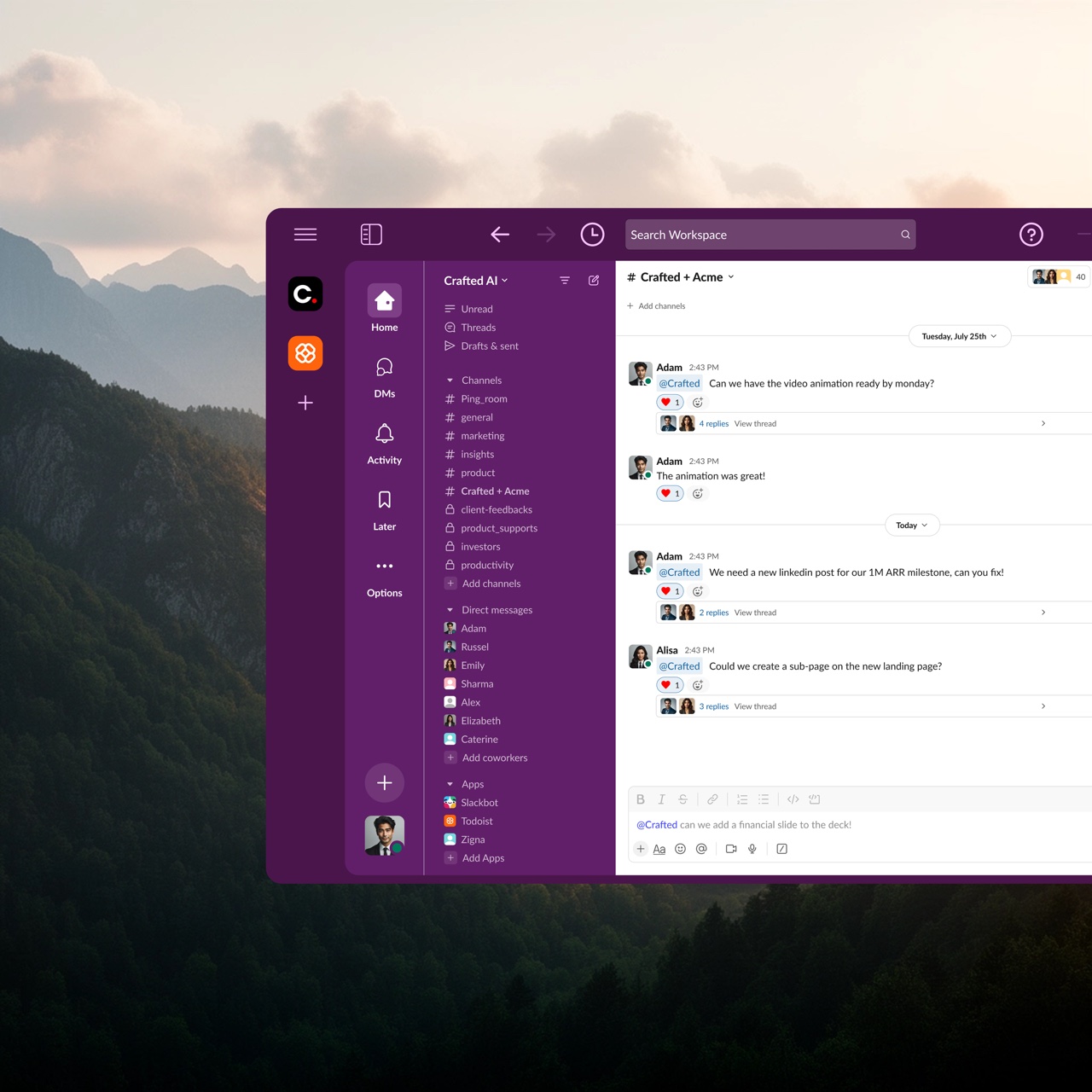 Crafted's Slack channel showing a brief sent to @Crafted with quick reactions and threaded replies.