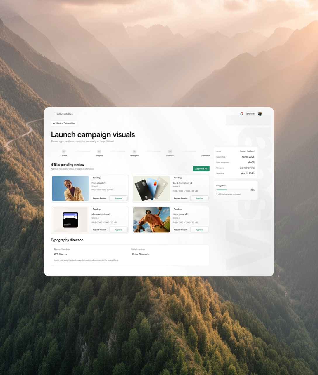 Crafted's deliverables review screen — files pending approval with Approve and Request Revision actions.